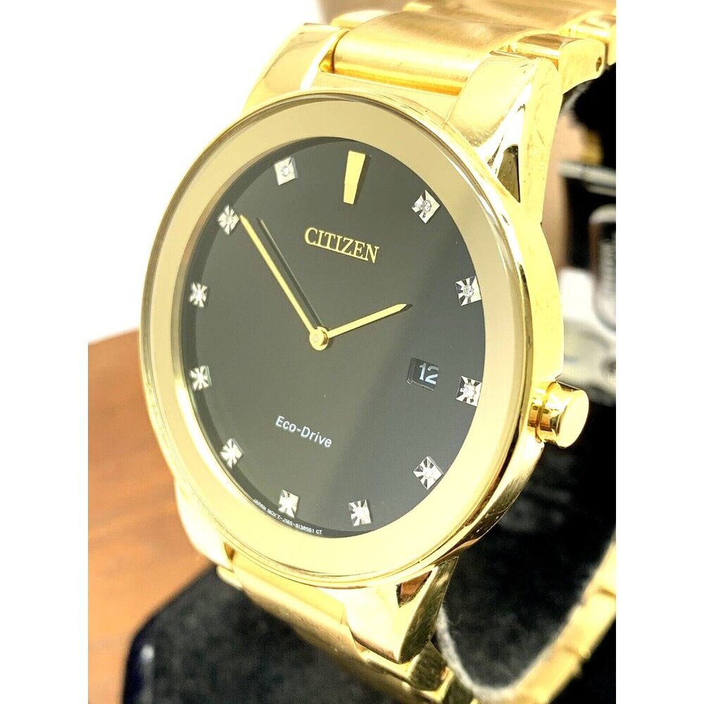 Citizen Men's Watch AU1062-56G Eco Drive Diamond Accent Black Dial Gold Steel